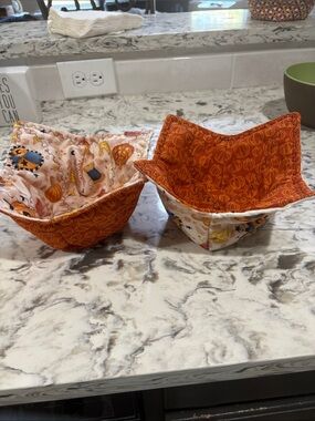 Handmade Fabric Bowl Cozies pair of 2 Orange Pumpkin Print